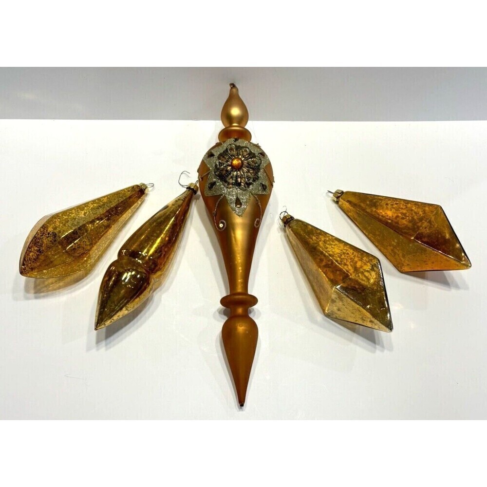 Vintage Glass Gold Jewel Tone Icicle Christmas Ornaments Set of 5 Christmas